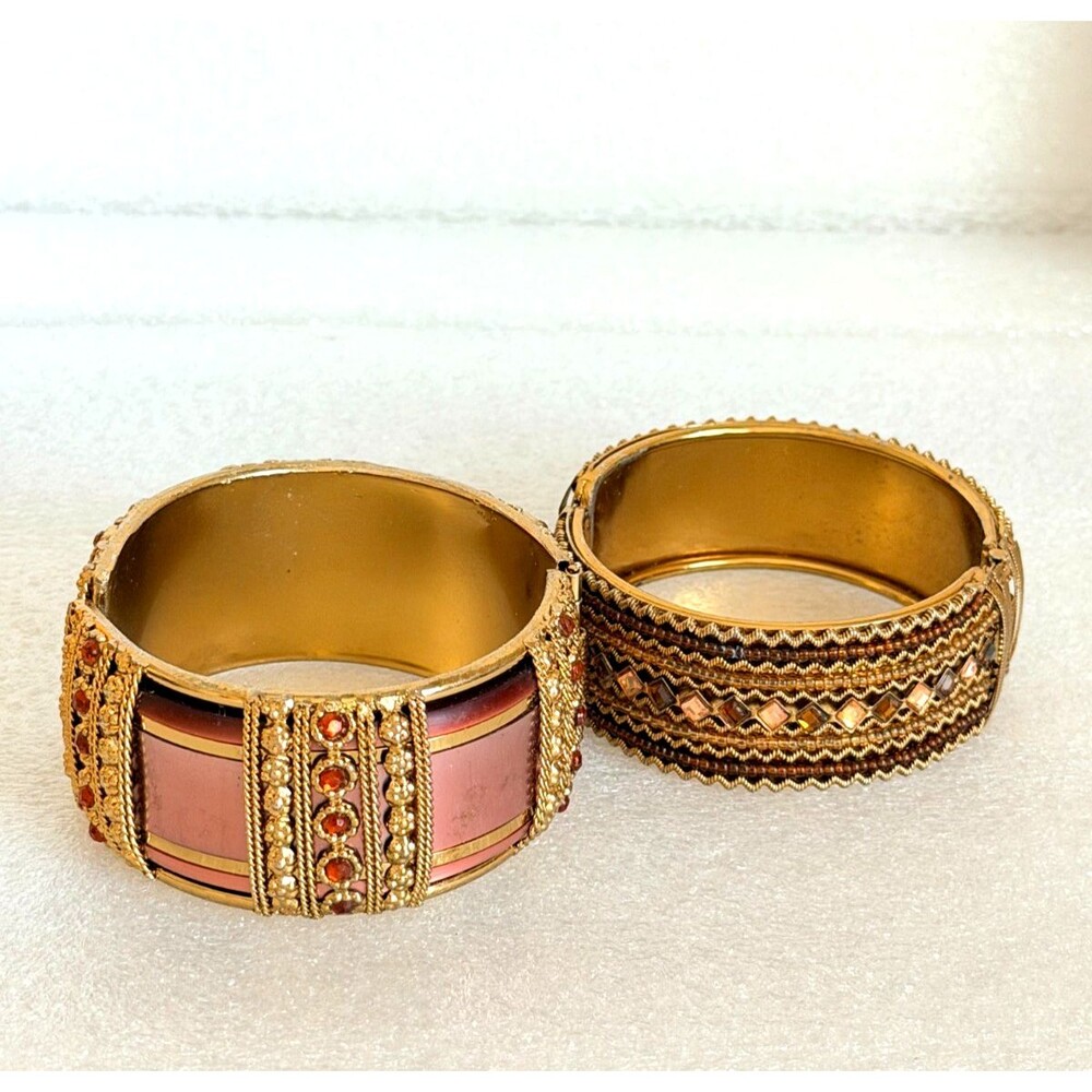 Set of 2 Gold Tone Hinged Cuff Bracelets Boho Rhinestone Beaded Bangle Set